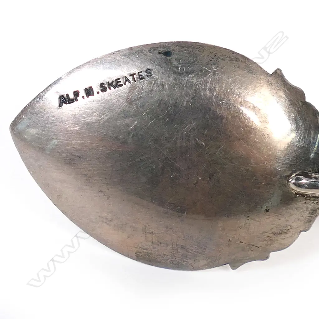 Alf.M. Skeates (Auckland) silver and pounamu souvenir preserve spoon, Image 1++